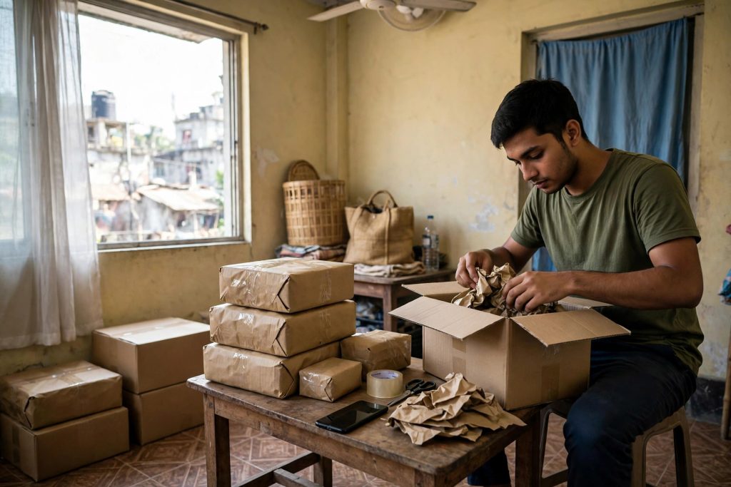 Cardboard parcels and a smartphone on a small table as a young seller packs a box for courier delivery in Dhaka