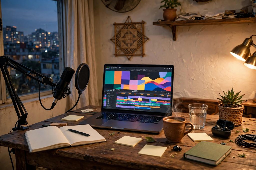 A content creator desk with laptop showing an editing timeline, microphone, notebook and coffee