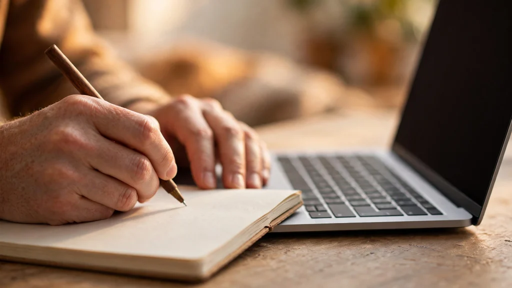 Hands writing in a paper notebook beside a modern laptop — the human edge