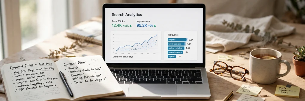 Blogger desk with search analytics on a laptop and a notebook of handwritten keyword lists
