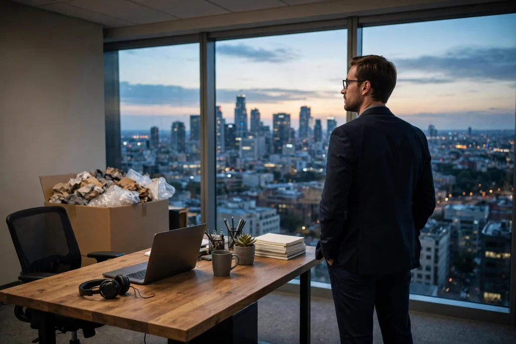 Office worker standing at an office window at dusk looking out at the city, desk and packed box behind him