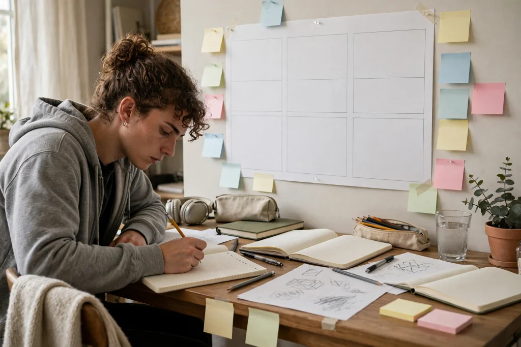Person practicing a new skill at a desk with a 90-day wall calendar, sticky notes and practice notebooks