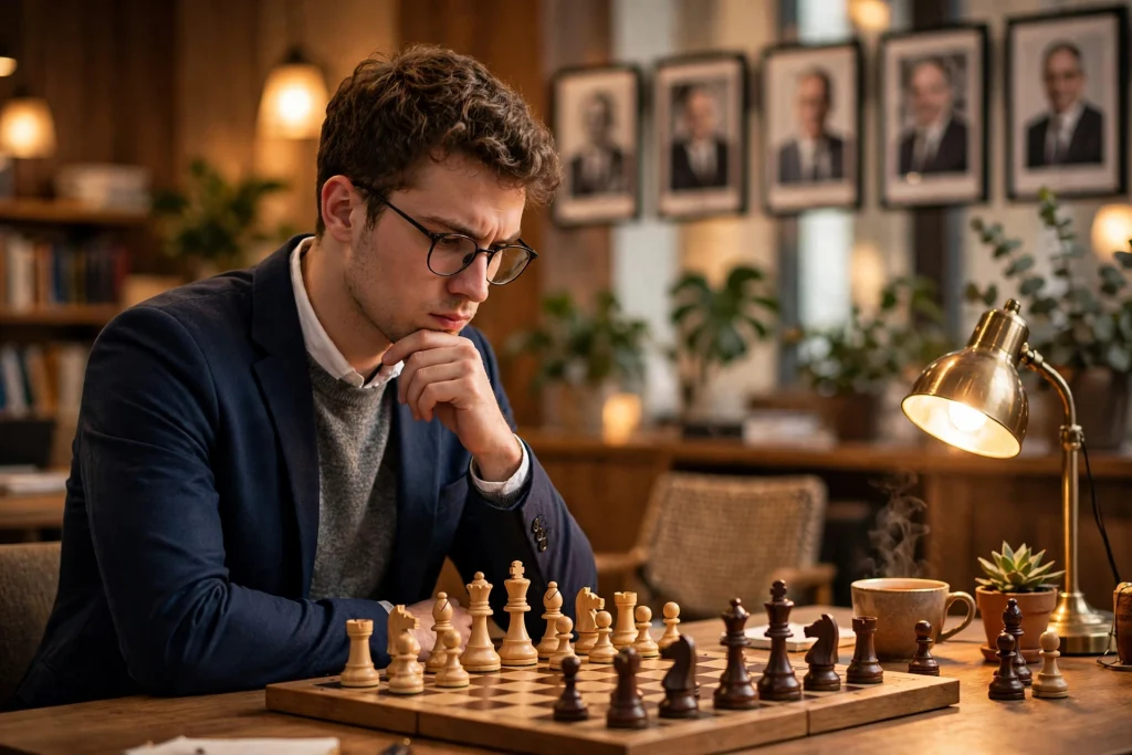 Young professional studying a chess board, thinking several moves ahead