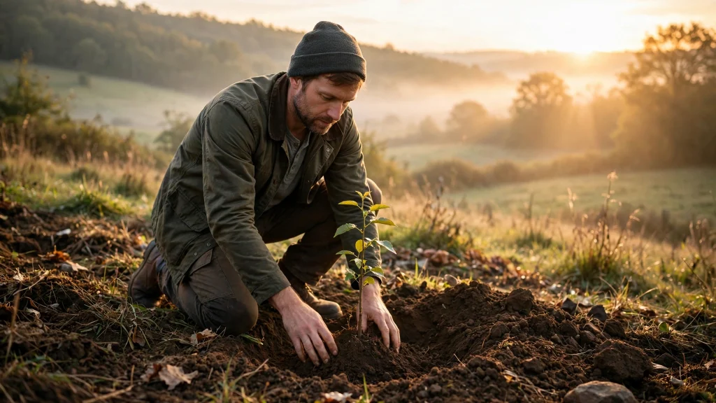 Man planting a young tree sapling at sunrise — building for the future
