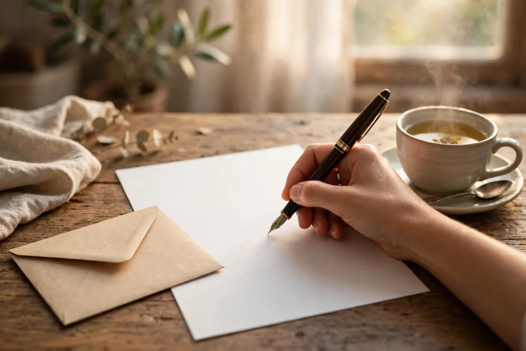 Hand writing a letter on paper at a wooden desk with an envelope and a cup of tea in warm morning light