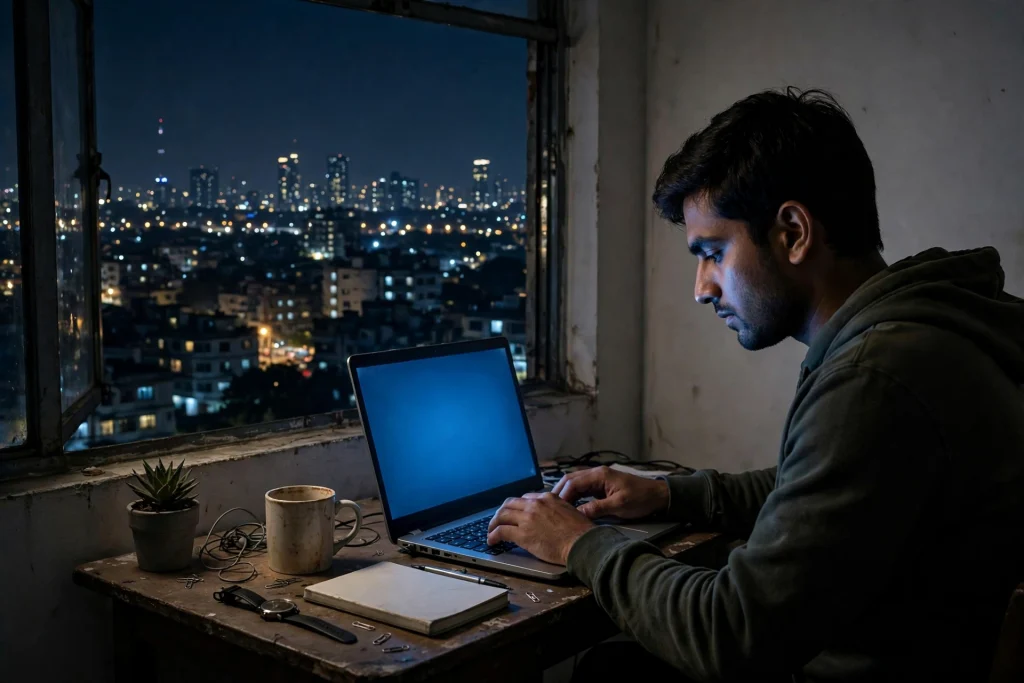 Solo founder working late at night, laptop glow and city lights through the window