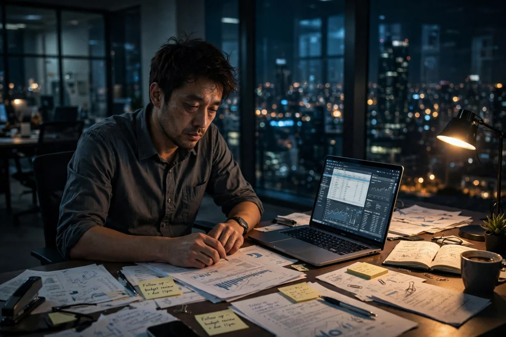 Office worker at a desk late at night with a laptop and paperwork, city lights behind — the middle class income trap