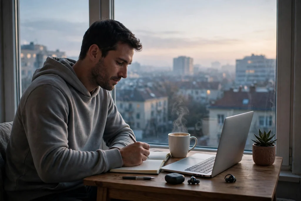 Man starting his morning routine before a day job — notebook, coffee and laptop on a small desk at dawn