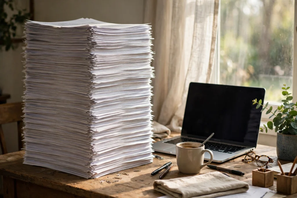 Writer's desk with a tall stack of printed articles beside a laptop