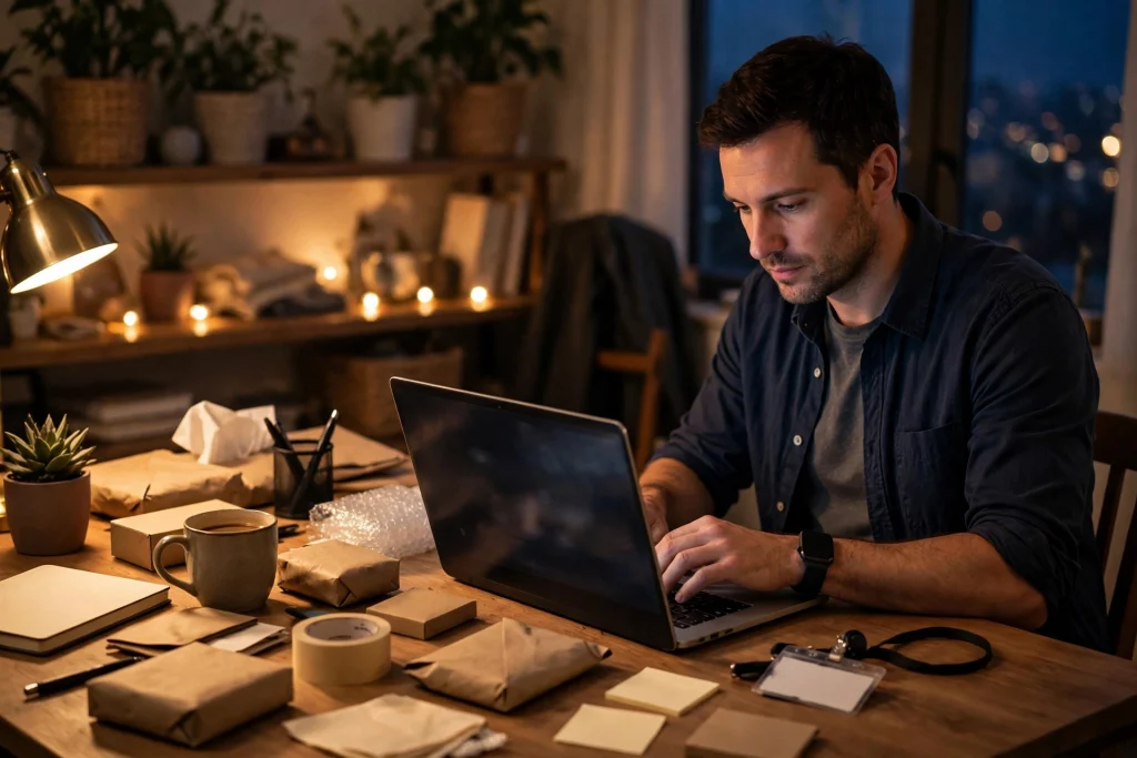 Office worker at home in the evening with his employee ID badge resting on the desk beside a laptop where he builds a side business