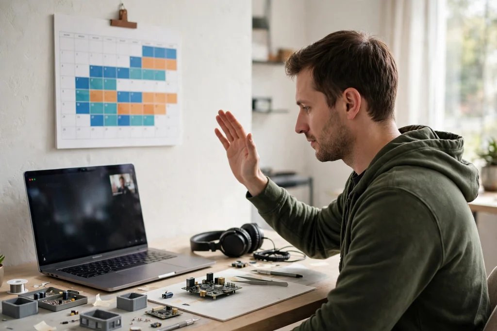 Focused builder politely waving off a video call on his laptop and returning to deep product work, wall calendar showing long focus blocks