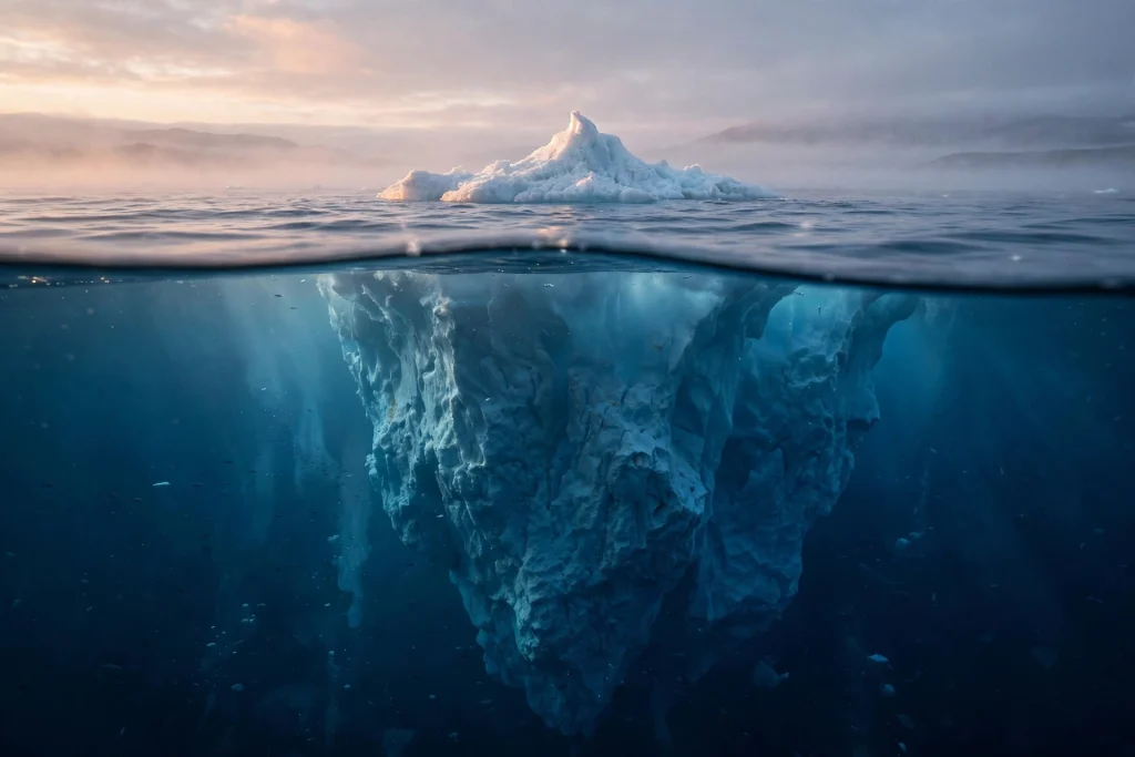 Iceberg at dawn — small tip above water, huge mass below