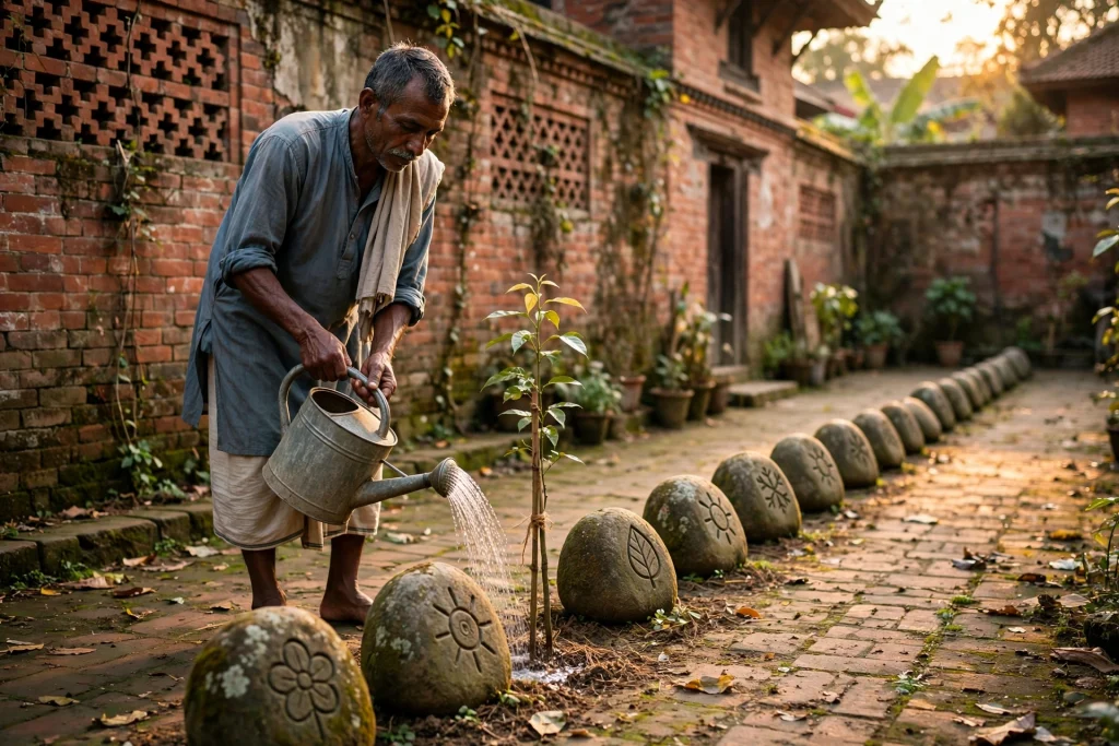 Patient gardener watering a young tree sapling in a courtyard, a long row of season-marked stones behind him