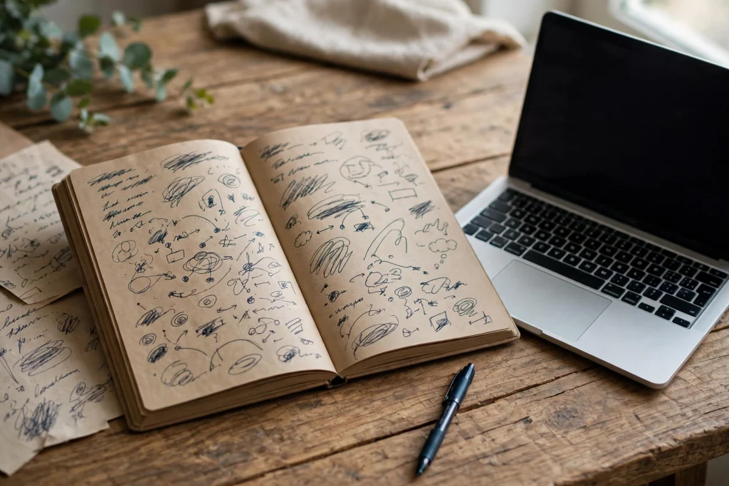 Open notebook filled with handwritten notes beside a laptop and a pen on a wooden desk