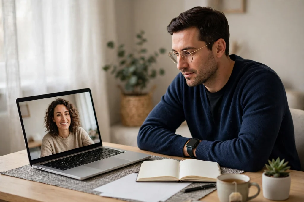 Coach on a video call with a client, laptop and open notebook on a clean desk
