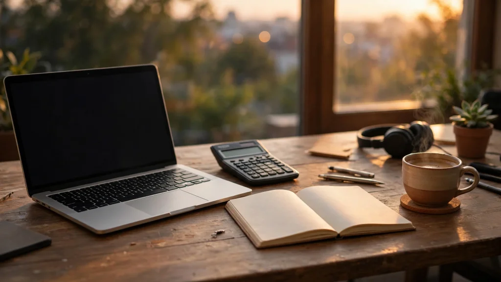 Creator's desk with laptop, calculator and notebook — pricing a first digital product
