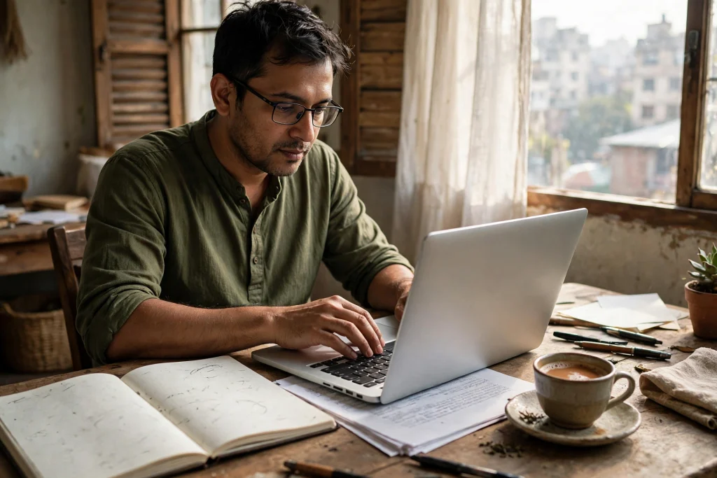 Bangladeshi writer typing an article draft on a laptop at a Dhaka home desk, handwritten notebook beside him and an English draft waiting underneath