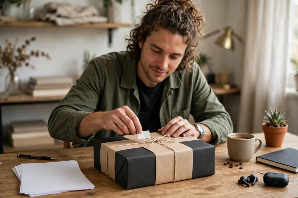 Creator placing a price tag on a neatly packaged digital course box on a desk, free sample papers set aside