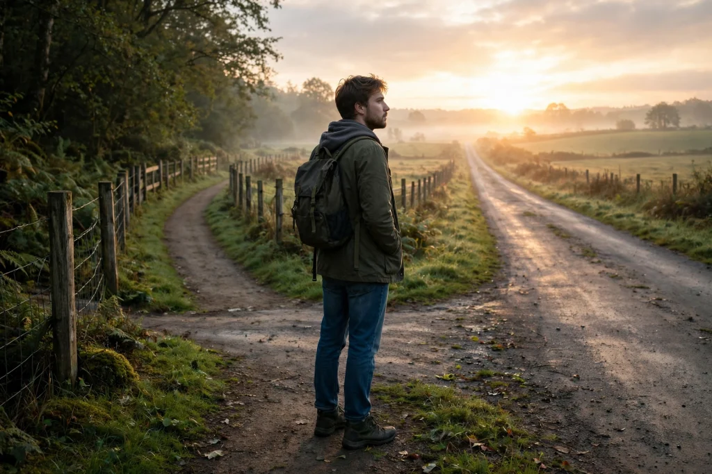 Person with a small backpack standing at a crossroads between a safe fenced path and an open road leading toward sunrise