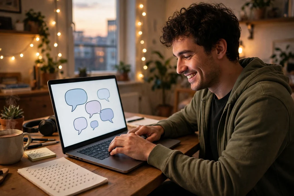 Creator personally typing replies to reader comments on a laptop, speech bubbles on screen, tick-mark checklist beside him