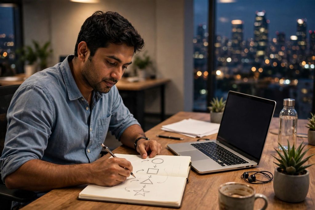 A Dhaka office worker sketching a step-by-step second income plan in a notebook beside his laptop at night