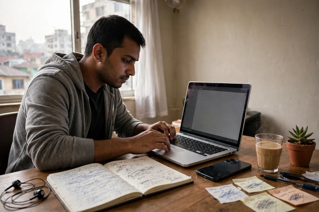 Blogger writing Bangla content on a laptop at a Dhaka home desk with keyword notes and a smartphone