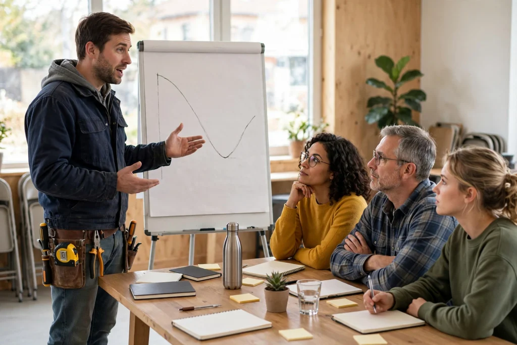 Builder honestly presenting a failed launch curve on a flip chart to a small audience in a bright community room