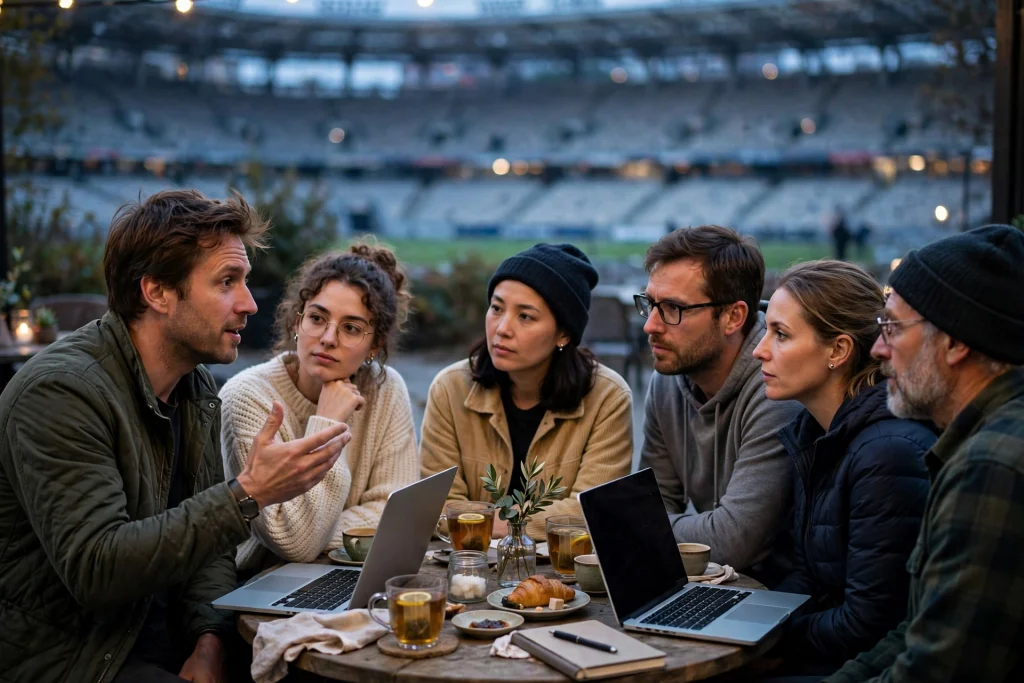 Creator in a real conversation with five loyal readers around a small cafe table while a huge empty stadium sits blurred in the far background