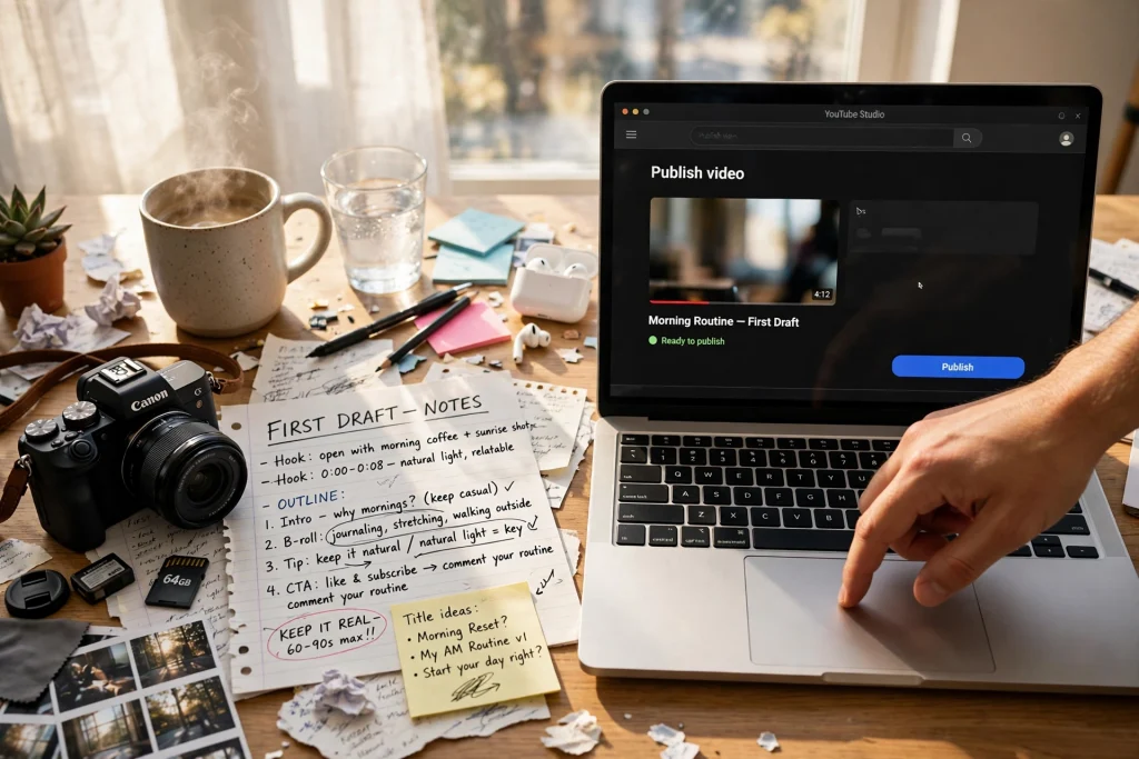 Creator about to publish a video from a laptop, camera and rough first-draft notes on the desk