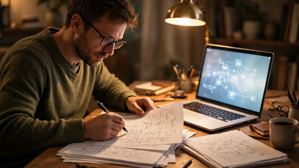 Writer editing printed draft pages with a pen beside a glowing laptop