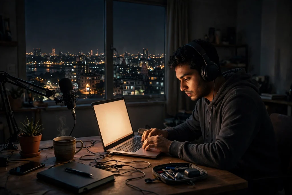 Creator working alone at a desk late at night, laptop glow and city lights through the window