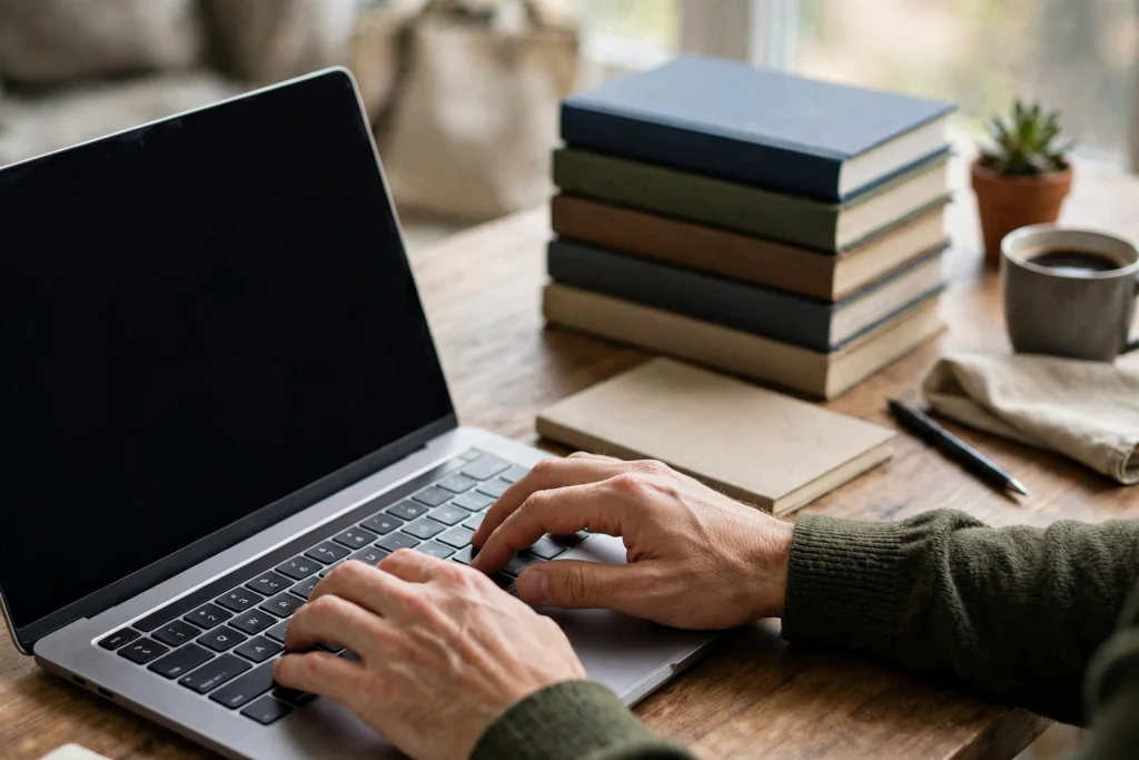 Closed business books pushed aside while hands build on a laptop