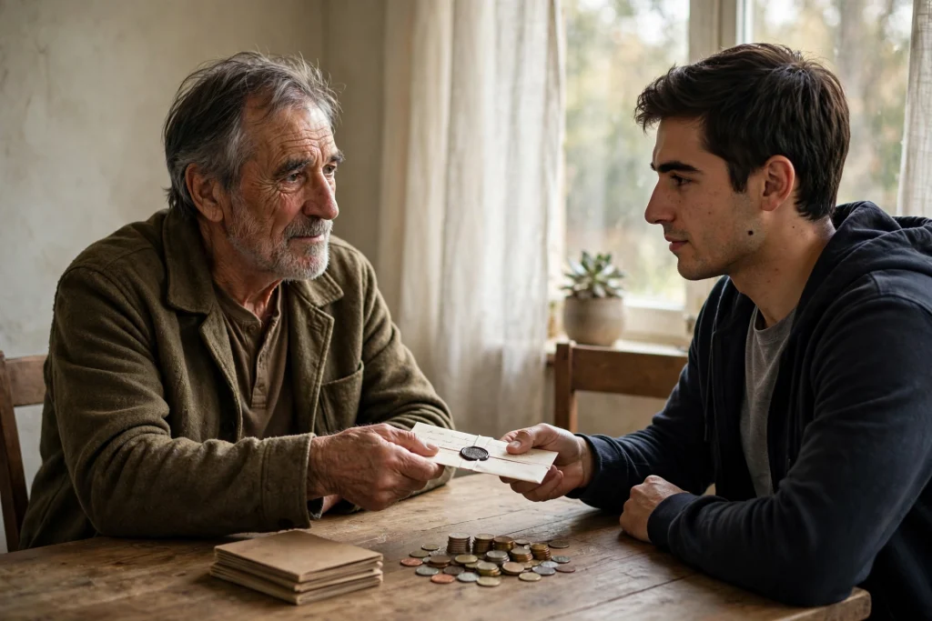 An older man handing a sealed handwritten letter across a desk to his younger self, savings passbooks and coins between them