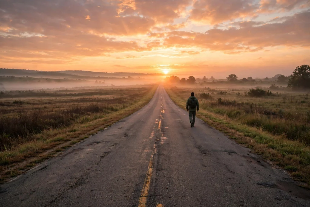 Long road stretching toward sunrise with a lone traveller carrying a small backpack walking it