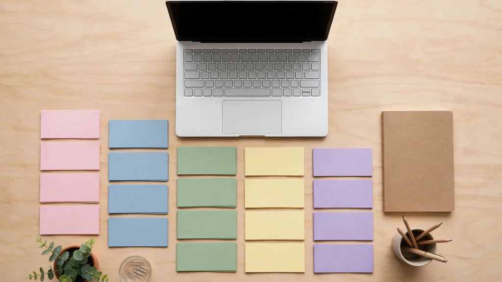 Organized desk with blank cards arranged in neat columns — thinking in systems, not tasks