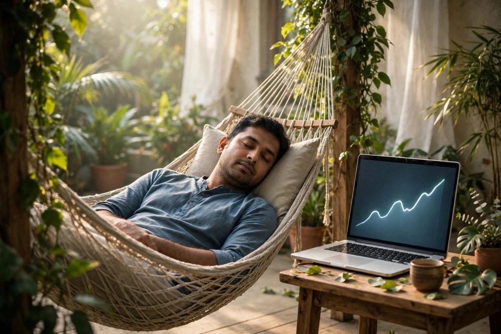 A man resting in a hammock while a laptop on a side table shows a rising graph — the passive income dream, honestly framed