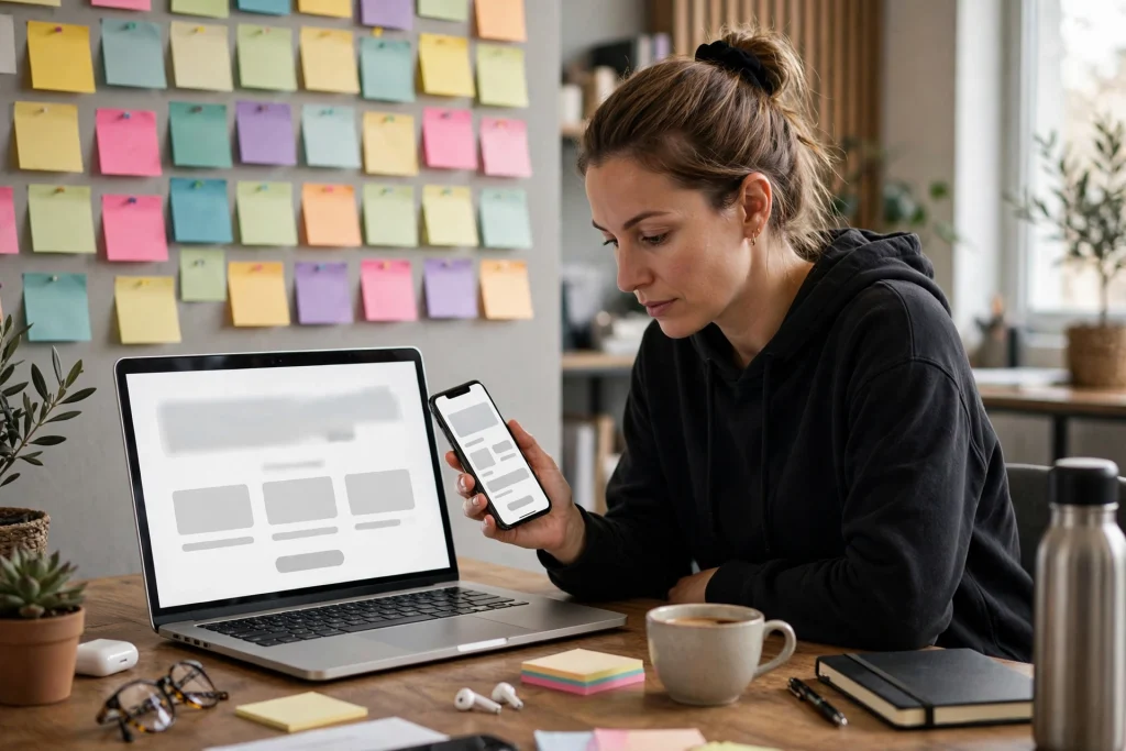 Founder testing a digital product idea on a laptop with a sticky-note feedback wall behind the desk