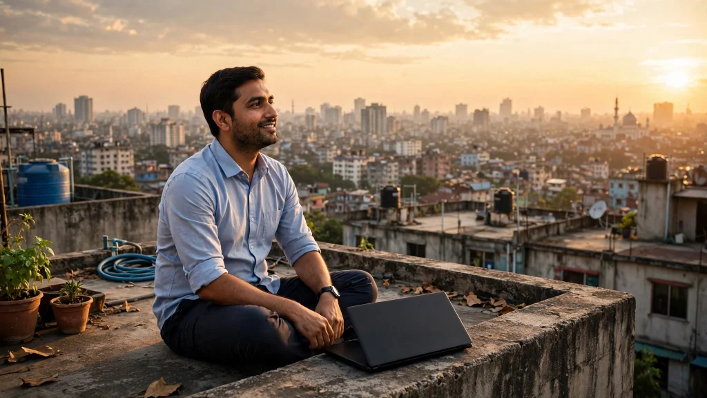 Professional sitting calmly on a Dhaka rooftop at golden hour with a closed laptop