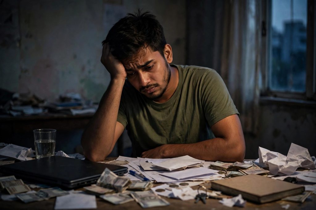A frustrated young man at a messy desk with a closed laptop in dim evening light