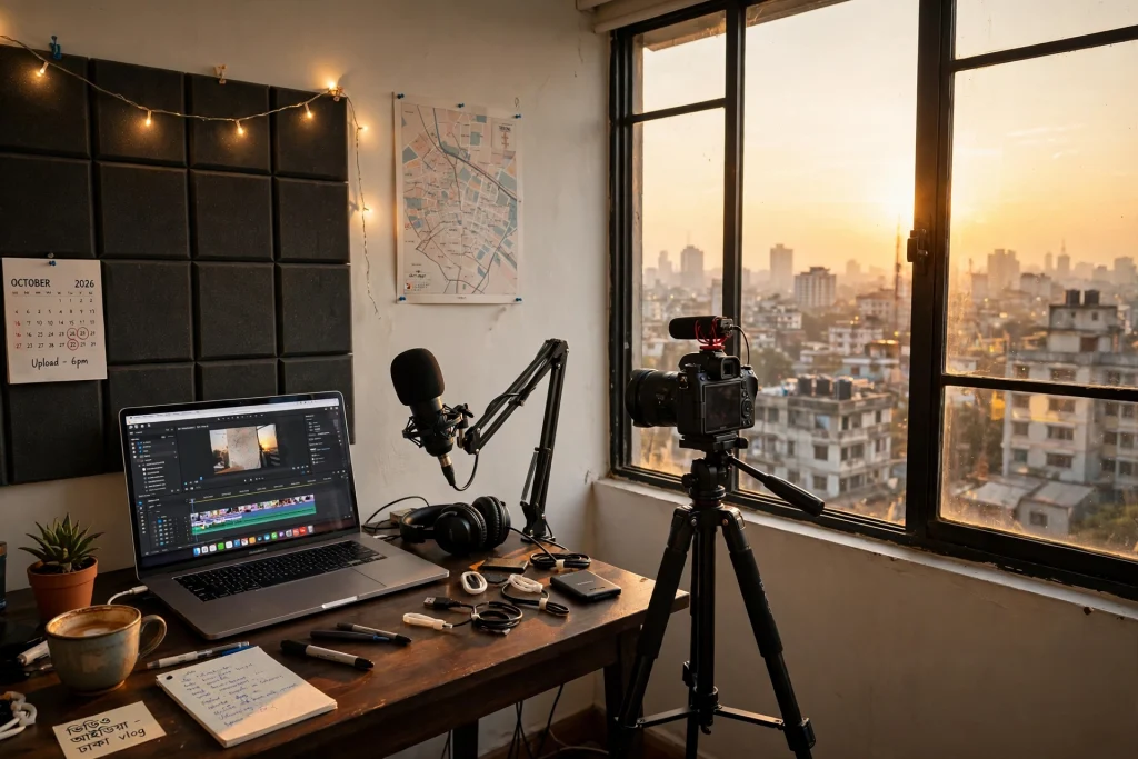 Small home video studio in Dhaka with laptop, microphone and camera, skyline at golden hour