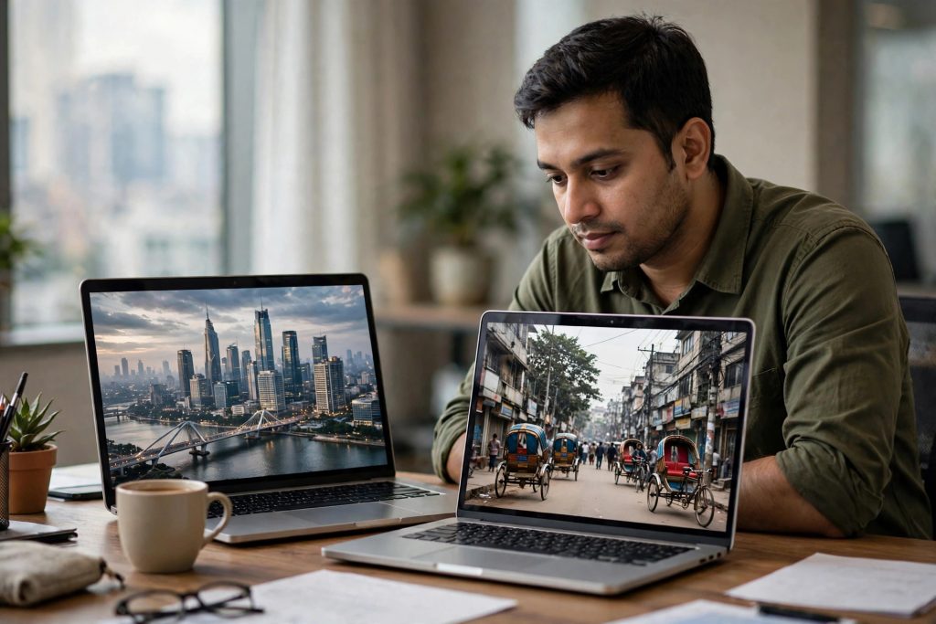An office worker comparing two laptops side by side, one showing a foreign skyline and one a Dhaka street