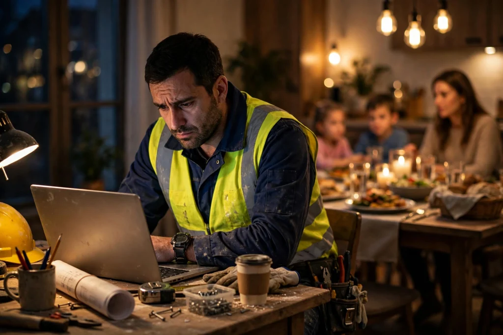Builder working late at a home desk on a laptop while a family dinner waits in the warm-lit background