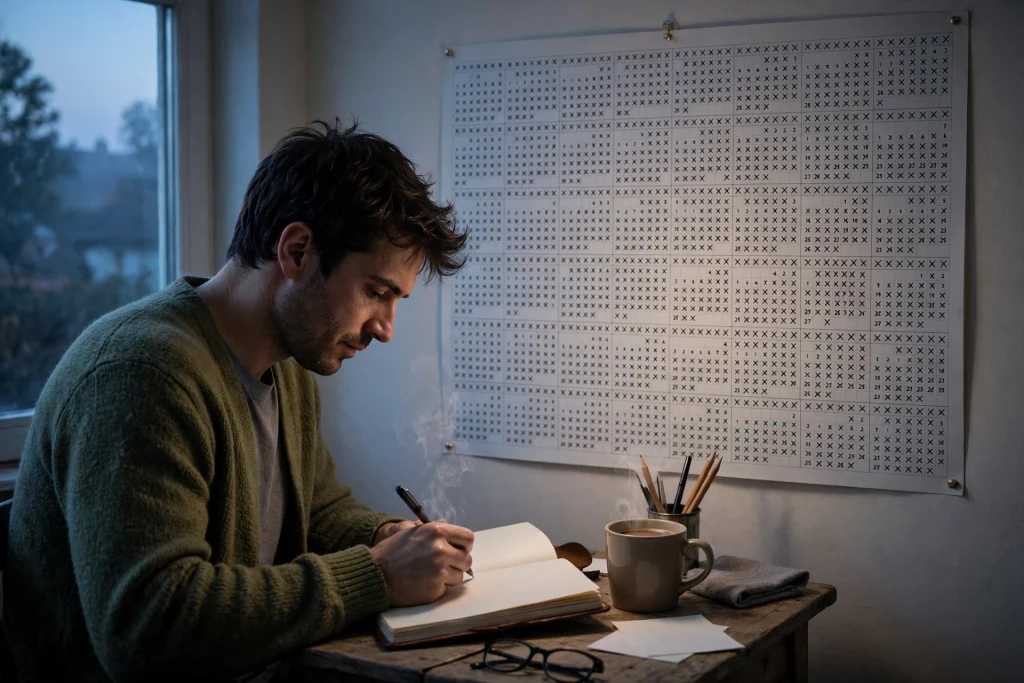 Writer at a small desk at dawn writing in a journal, wall calendar behind him filled with a long unbroken streak of daily crosses