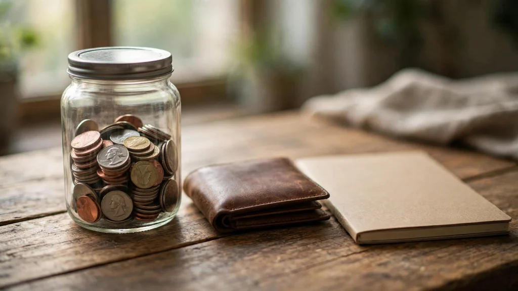 Savings jar, wallet and notebook on a wooden table — money lessons for my younger self